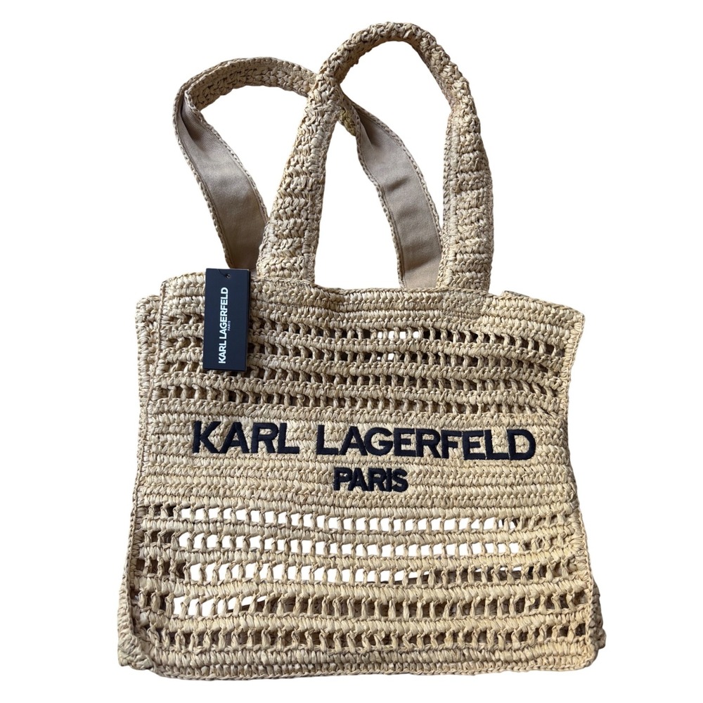 Karl Lagerfeld Straw Large Tote Bag Beach Summer Logo NWT